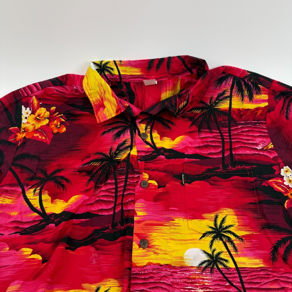 Palmwave Hawaiian Shirt Men XL Tropical Sunset Surf 100% Cotton Red Floral - Picture 2 of 8